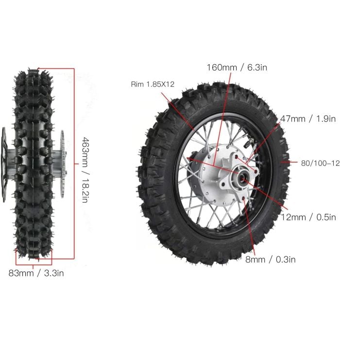 REAR WHEEL 10" PIT BIKE 12MM AXLE, 10-2.50, DISK BRAKE