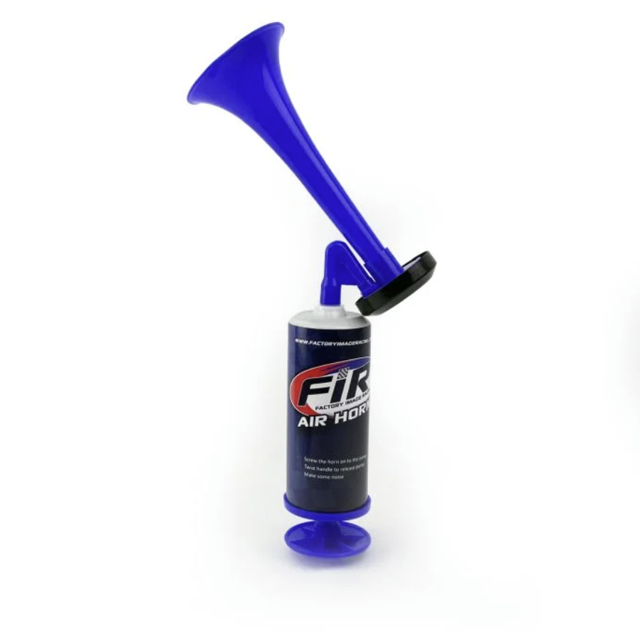 BLUE AIR HORN TOY HAND HELD PUSH PUMP NO GAS NEEDED SPORTS AND RACE EVENTS