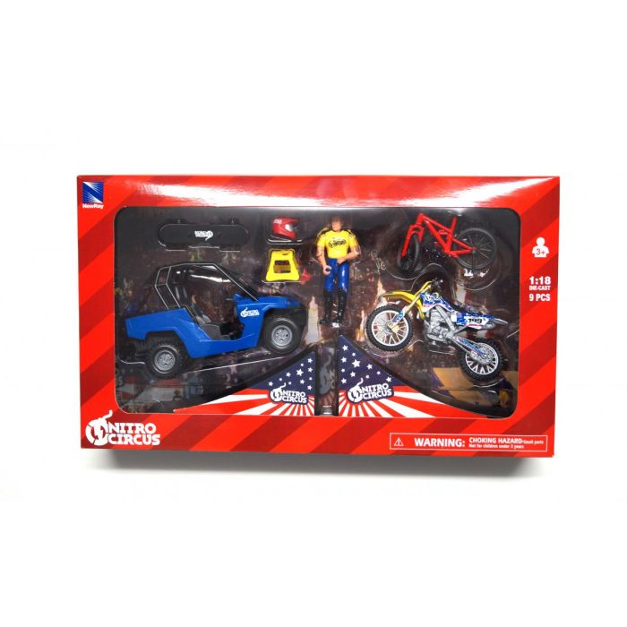 MODEL DIE CAST NITRO CIRCUS PLAY SET, WITH PASTRANA MX BIKE, 1:18 SCALE, NEWRAY 67685