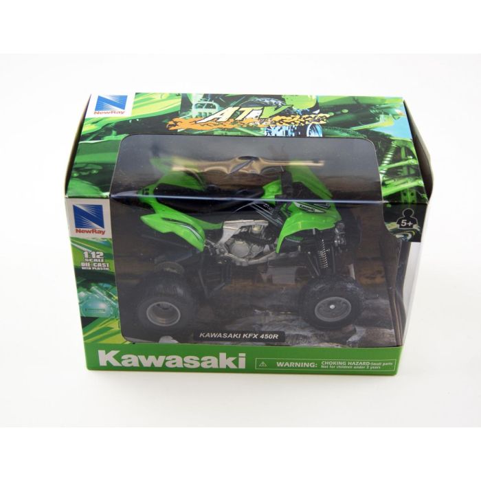 MODEL DIE CAST KAWASAKI KFX 450 R, 2012, GREEN AND BLACK, SCALE 1:12, NEWRAY 57503, ATV