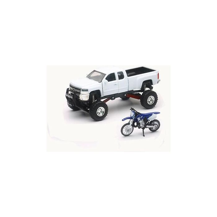 MODEL DIE CAST TRUCK & DIRT BIKE, WHITE CHEVY & YAMAHA YZ 125, SCALE 1:32, NEWRAY SS-54416