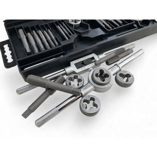 TAP AND DIE SET 40 PIECE CARBON STEEL METRIC M3-M12 AND SAE 4-40 TO 1/2-20 - TOOLZONE KDPTP102